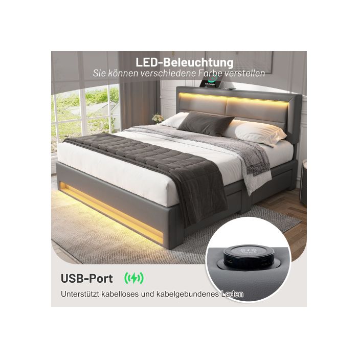 Lit rembourré - MUVOE - 140x190 cm - USB - Éclairage LED - 4 tiroirs de rangement