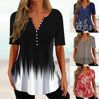 S-5XL Große Damen Sommermode Lässig Sexy V-Ausschnitt Knopf Farbverlauf Druck Lose Kurzarm Top