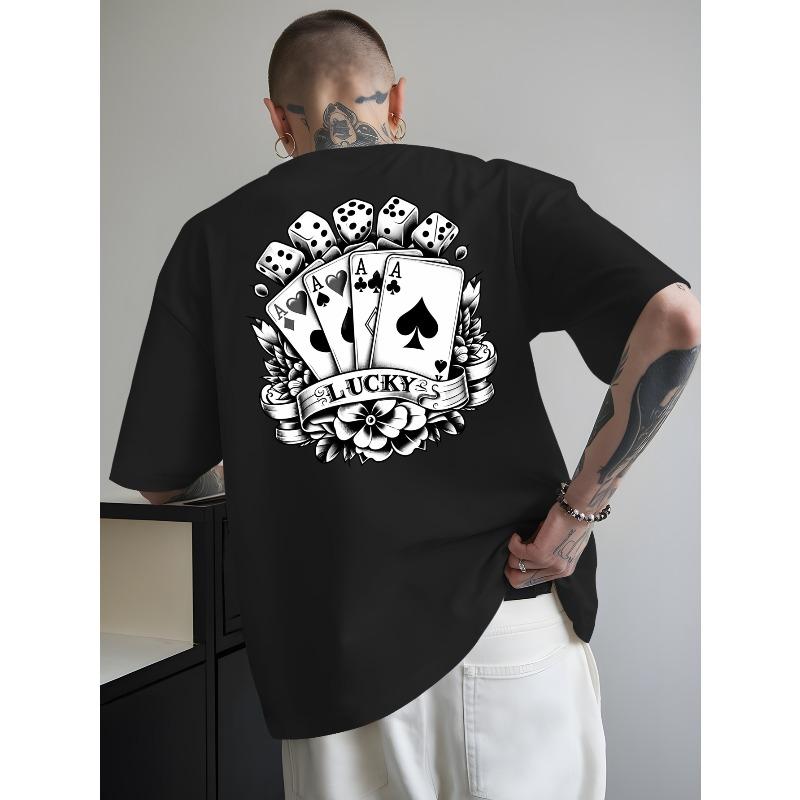 Poker Queen Summer Outdoor Sports and Casual Short-sleeved T-shirts, Men's Trendy Fashion Prints, Loose Base Shirts, Versatile Round Neck Tops