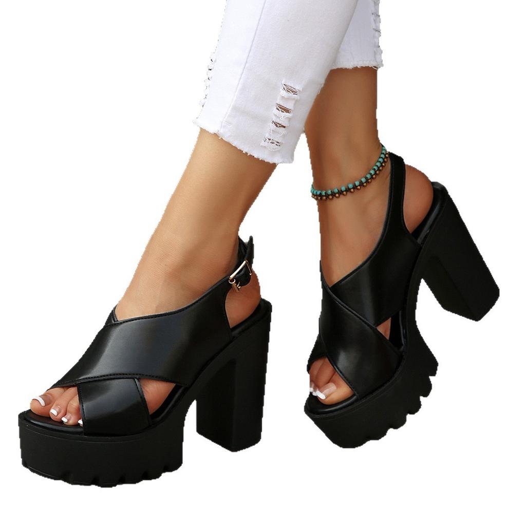 Fashion Women's Large Size Sandals 35-42 Open Toe Round Head One Word Buckle Strap Fashion Runway Shoes Waterproof Platform High Heels