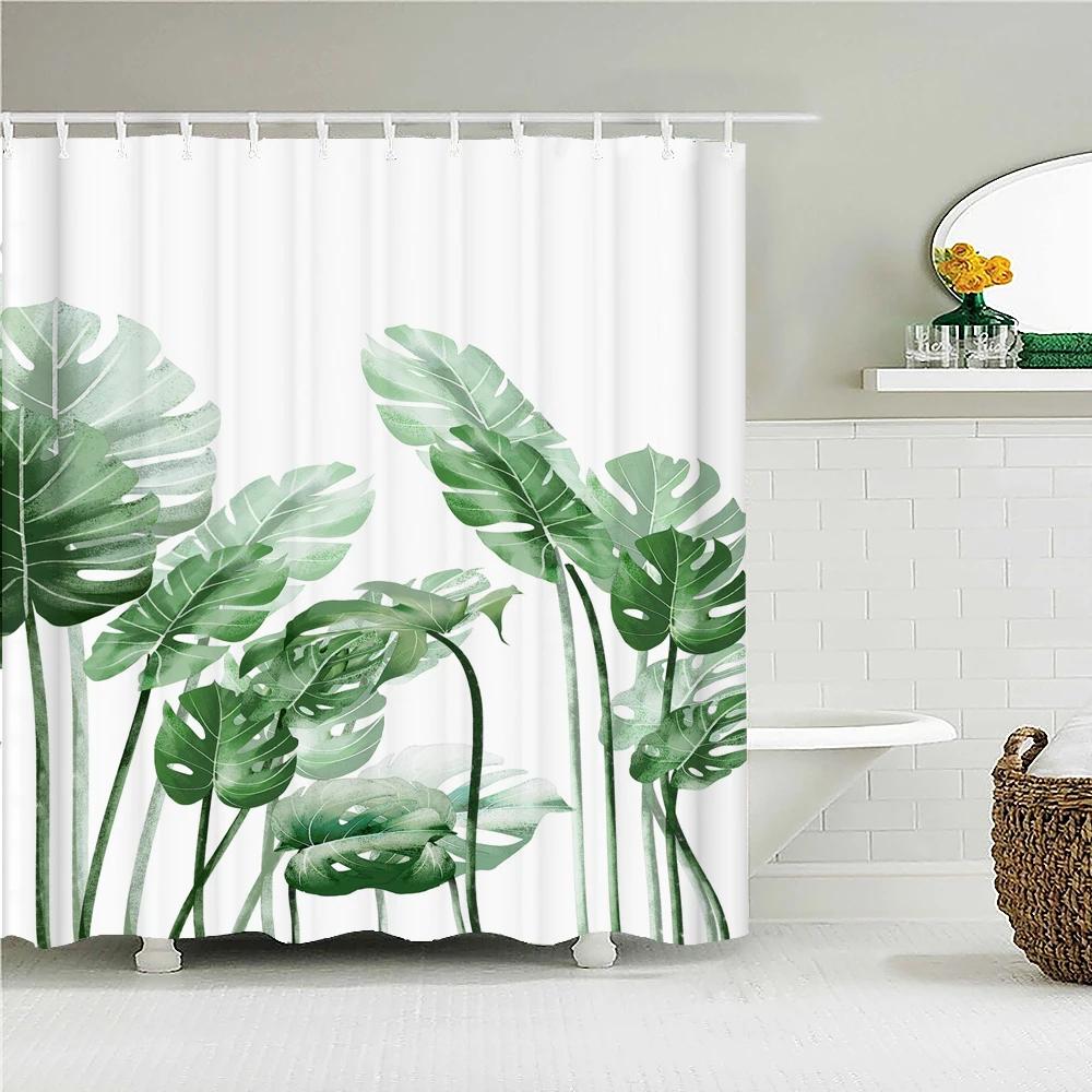 3D Fresh Green Plants Leaf Print Nordic Style Shower Curtain Set Hook Natural Flower Leaves Home Decoration Bathroom Curtains