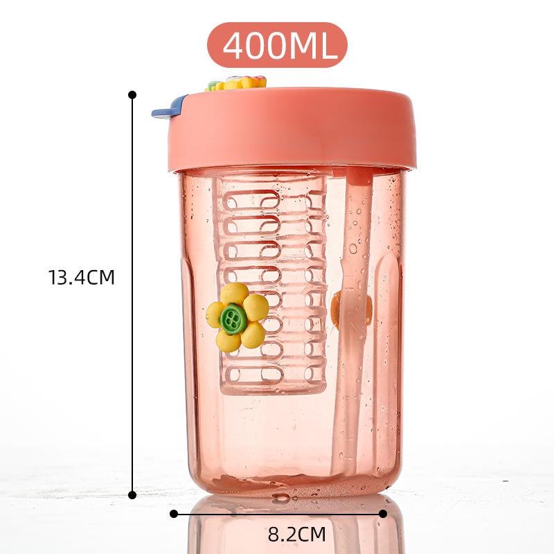 Plastic Water Cup with High Aesthetic Value, Tea Separation, Summer Double Drinking Cup with Lid and Straw, 400ml Office Beverage Cup