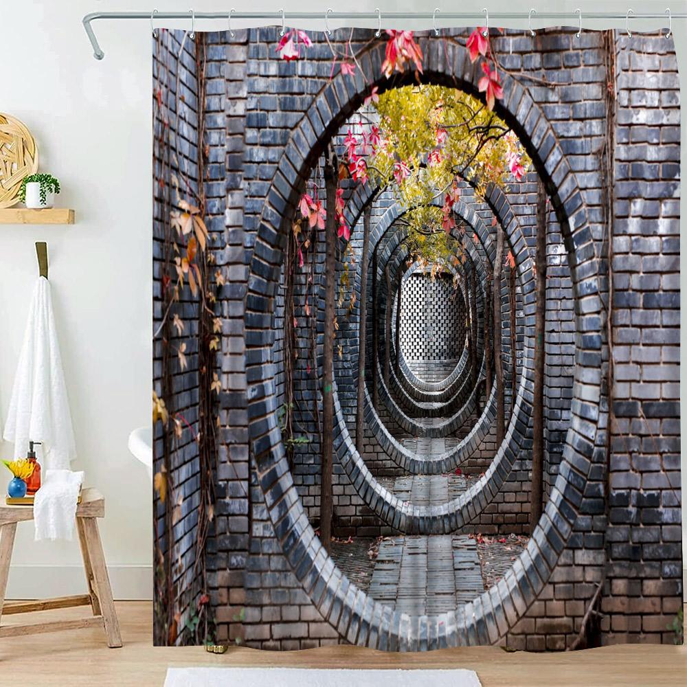 Garden Shower Curtains Arched Door Flowers Plants Floral Bathroom Decorations Nature Scenery Polyester Bath Curtain With Hooks