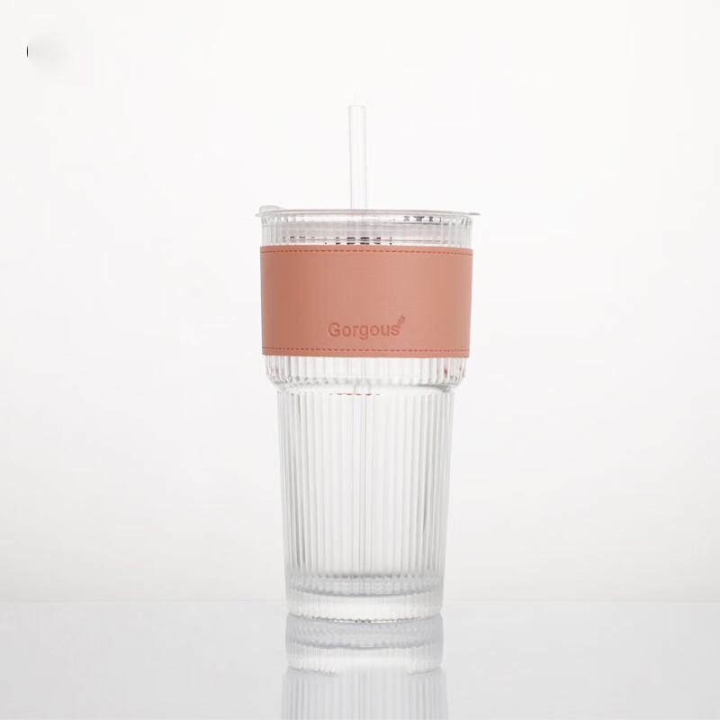 A59 Striped Heat-Resistant Glass Cup with Lid and Straw