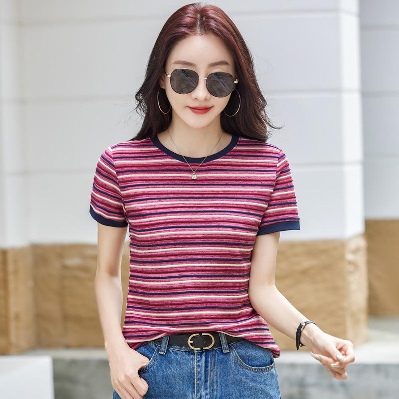 Summer Color-blocking Striped Short-sleeved T-shirt, Summer Dopamine Loose Slimming Plus-size Cover-up Top