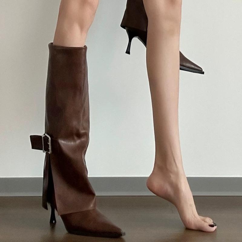 Women's Fashion Stiletto Cotton Boots Winter New Pointed Head Sleeve Belt Buckle Anti-slip Wear-resistant Boots