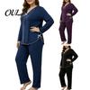 Versatile Two Piece Loungewear Women's Plus Size Pajama Set, Long Sleeve Top And Pants Soft Sleep Sets for Air Conditioned Rooms with Bow, Ruffle