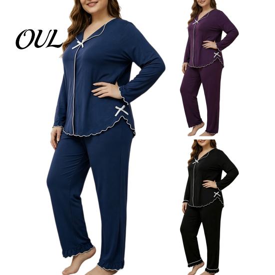Versatile Two Piece Loungewear Women's Plus Size Pajama Set, Long Sleeve Top And Pants Soft Sleep Sets for Air Conditioned Rooms with Bow, Ruffle