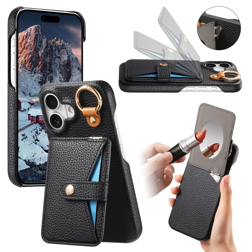 Cards Solt Ring Holder Lychee Pattern Leather Case for iPhone 17 Pro Max 16 15 14 13 12 11 with Makeup Mirror Shockproof Cover