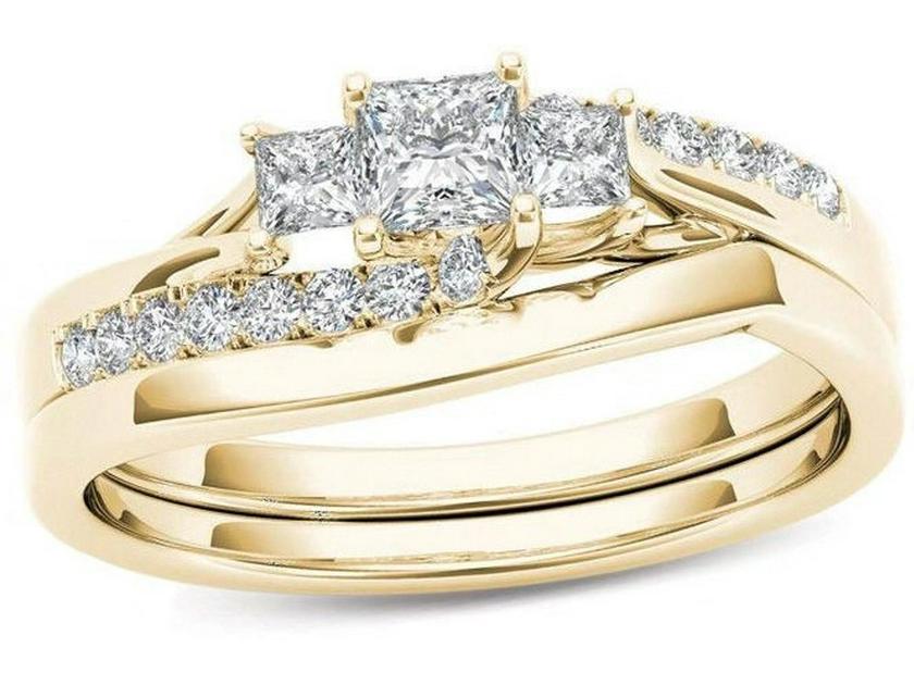 

Позолоченные циркониевые парные кольца - Европейская и американская классическая ювелирная бижутерия Size 10