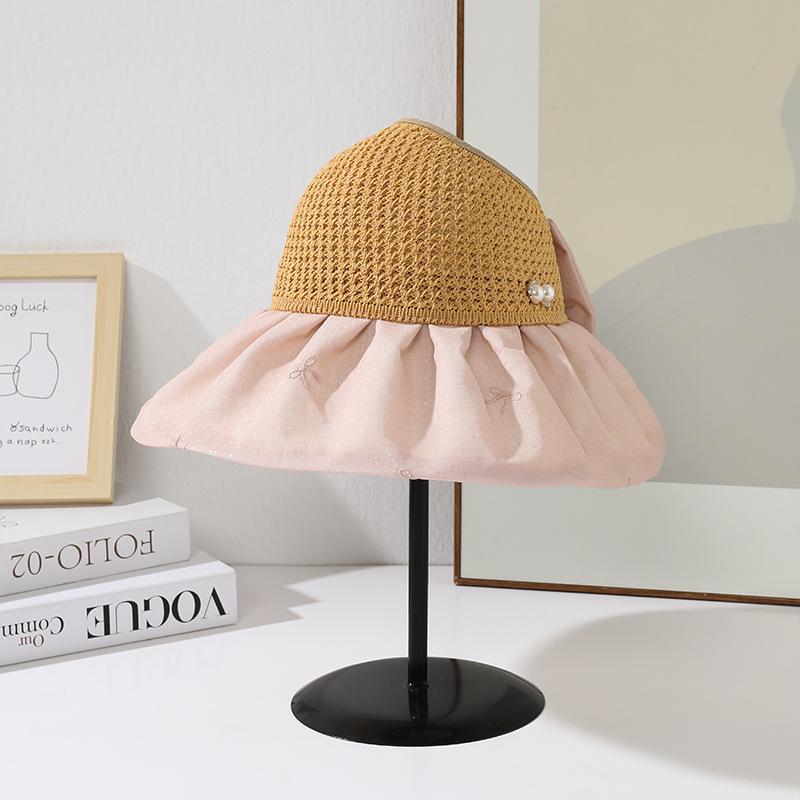 Hat women's summer new high-end pearl decoration knitted grass top sun hat outdoor sun protection empty top sun hat