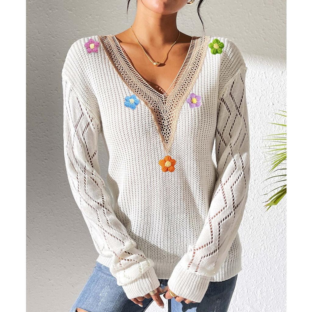 Women's Loose Casual Lace V Neck Long Sleeved Knitted Pullover Sweater Top Sweater Top