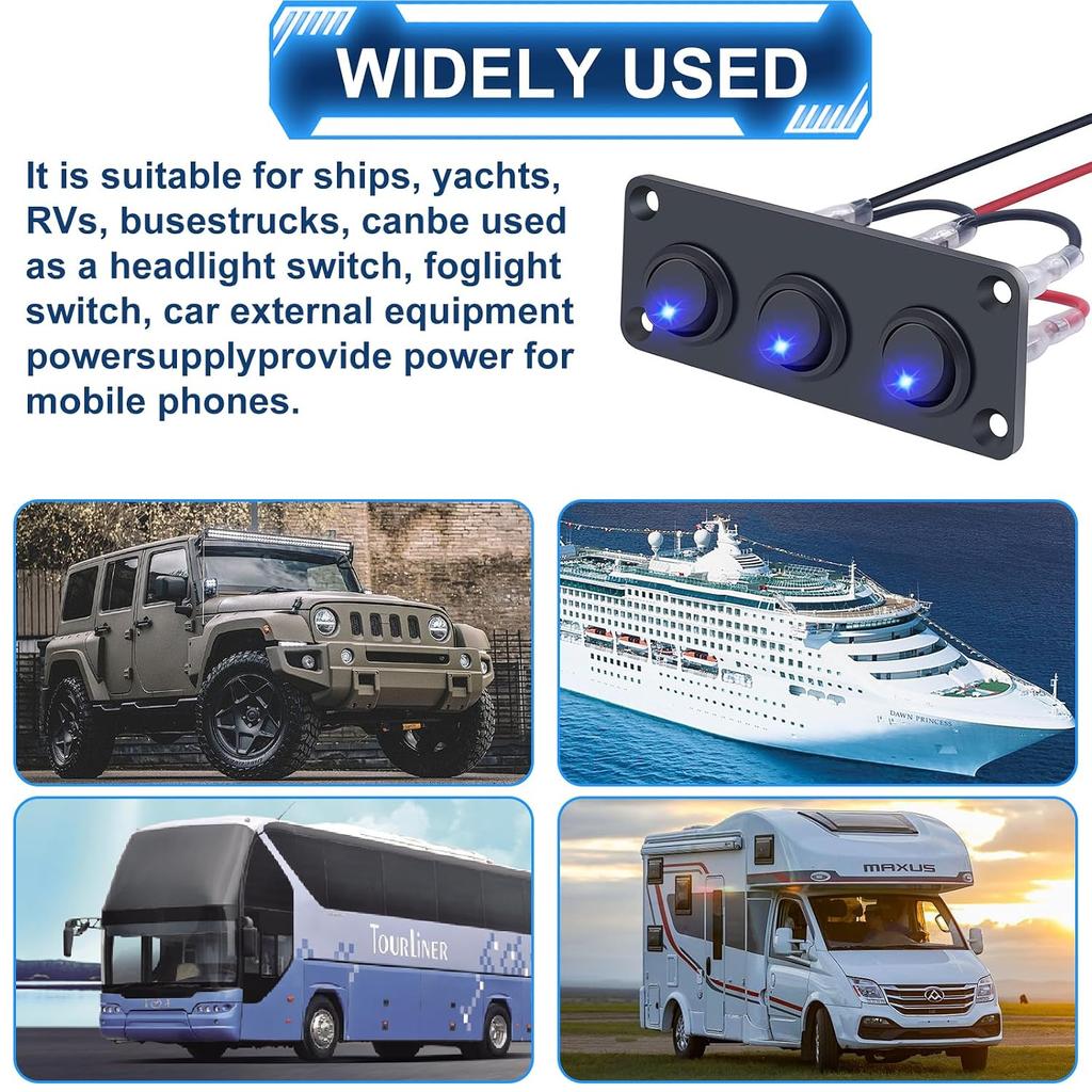Rocker Switch Panel 16A Waterproof On Off 12V BlueToggle Switch for Cars Trucks Boats, 2 Years Warranty