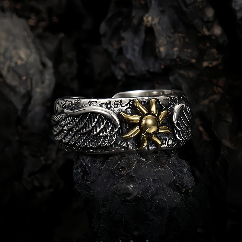 Retro Golden Sun Wings Graffiti Adjustable Open Ring For Men Punk Gothic Edgy Copper Zircon Unisex Vintage Accessories Gift