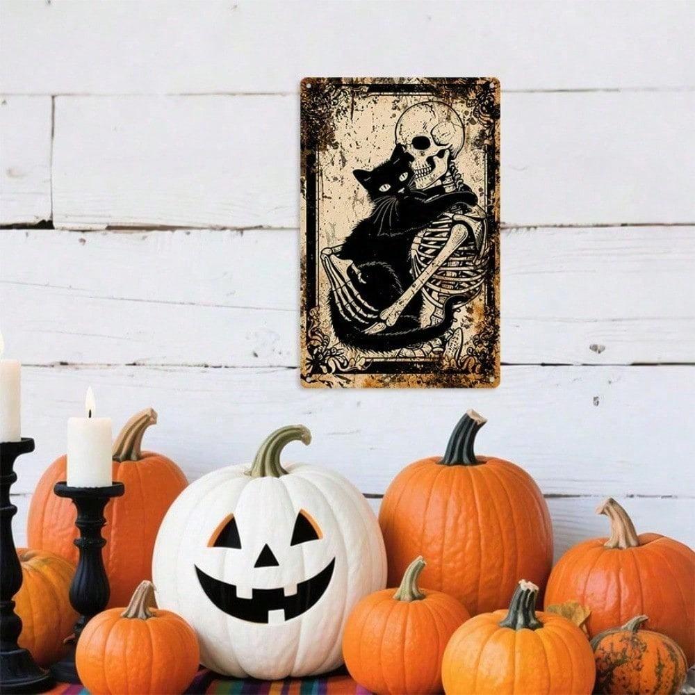 Vintage Metal Tin Sign, Skeleton Hugging Black Cat Gothic Retro Spooky Wall Plaque, 8x12 Inch Durable Iron Halloween Decor