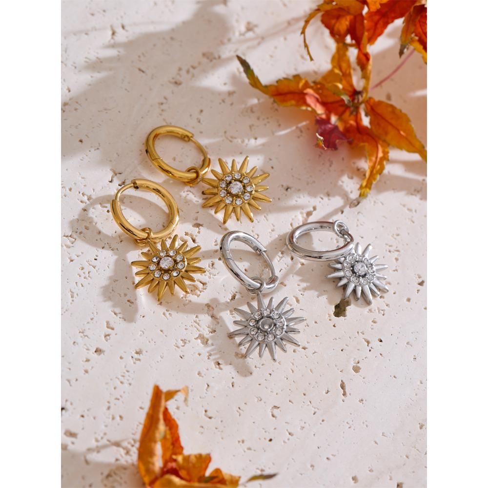 Yhpup Exquisite Inlaid Zirconia Sun Drop Hoop Earrings for Women Stainless Steel Delicate Daily Jewelry Hypoallergenic
