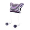 Winter Knitted Hat Cat Ear Design Plush Ball Decor Striped Print Windproof Warm Women Hat Cold Weather Headwear
