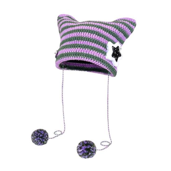 Winter Knitted Hat Cat Ear Design Plush Ball Decor Striped Print Windproof Warm Women Hat Cold Weather Headwear