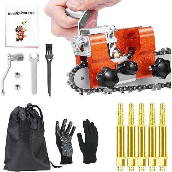 Chainsaw Sharpener Jig Kit, Portable Universal Chain Saw Sharpener Tool with 5 PCS High Hardness Burrs, Manual Hand Crank Chainsaw Sharpener,