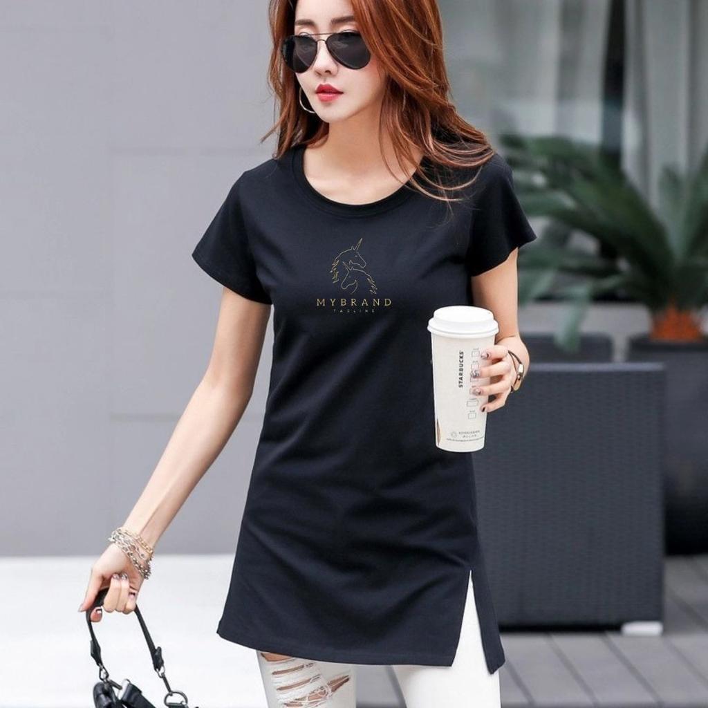 Nowa Bawełniana Koszulka, Krótki Rękaw, Średniej Długości, Z Nadrukiem, Biała Letnia Koszulka, Zakrywająca Brzuch i Biodra