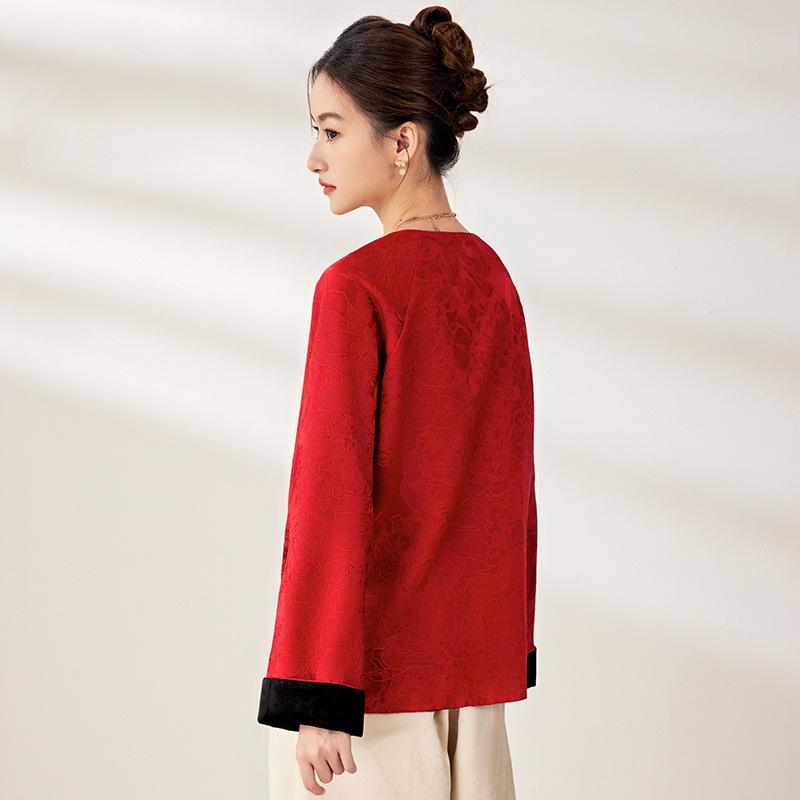 38mm Heavyweight Mulberry Silk Jacquard Long Sleeve Jacket - New Chinese Style, Double-Sided Autumn Wear for Women