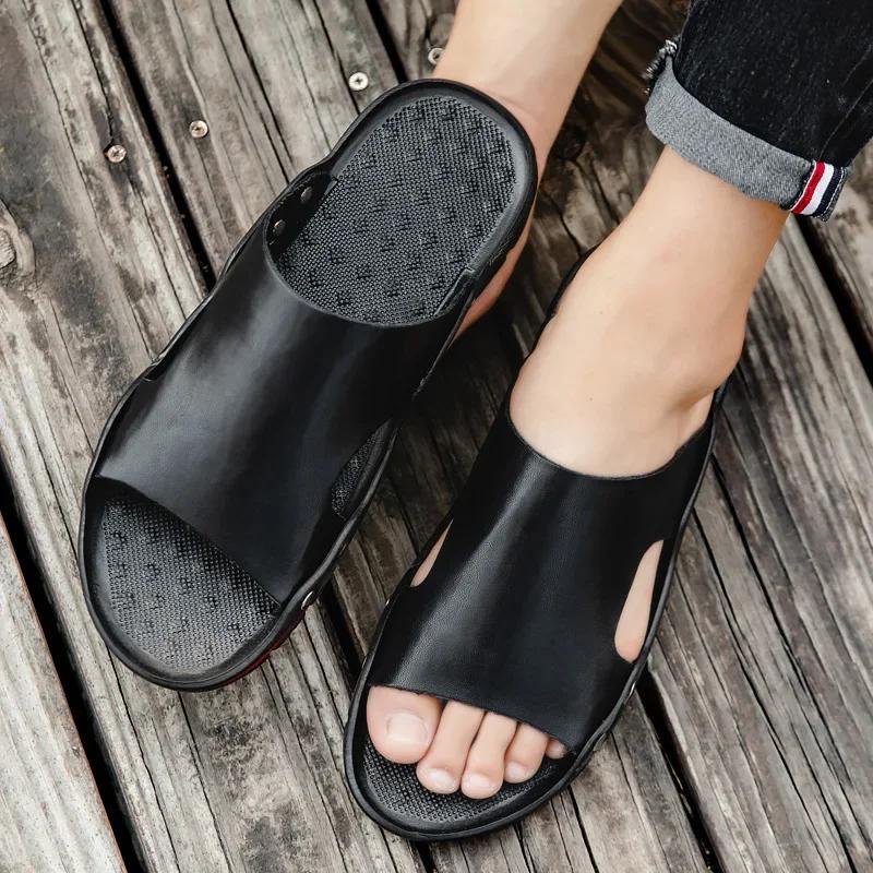 Pánské pantofle Letní plážové pantofle Protiskluzové PU kožené pantofle Nadměrná velikost EVA pro muže Klasické sandály Zapatos Para Hombres