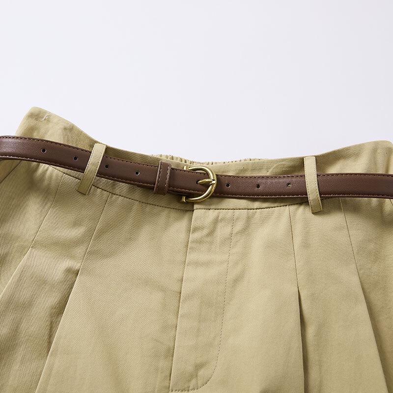 Xiangying Women's Khaki Cotton Retro A-Line Midi Skirt