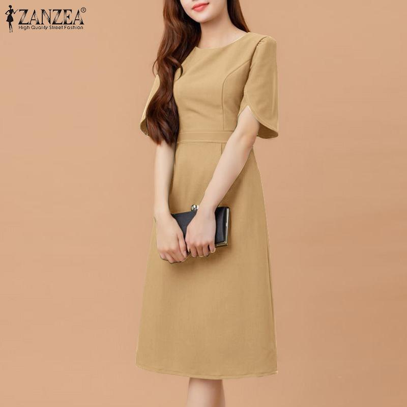 ZANZEA שמלת קיץ עם שרוולים קצרים וצווארון עגול מזדמן לנשים