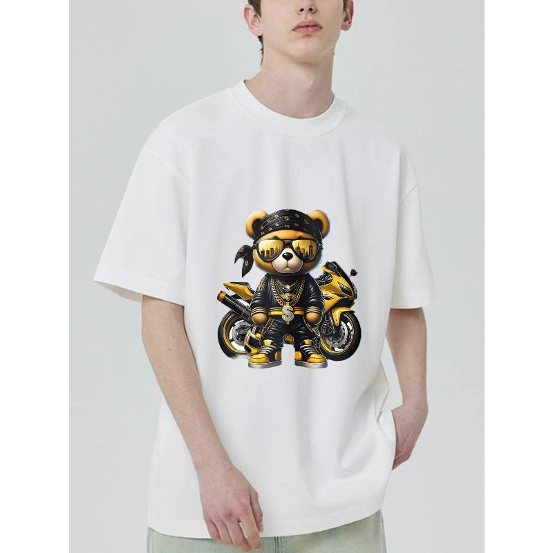 

Футболка с круглым вырезом, черный медведь на мотоцикле в золотых солнцезащитных очках и цепях, уличная мода, повседневная одежда для мужчин и женщин XXXXL белый
