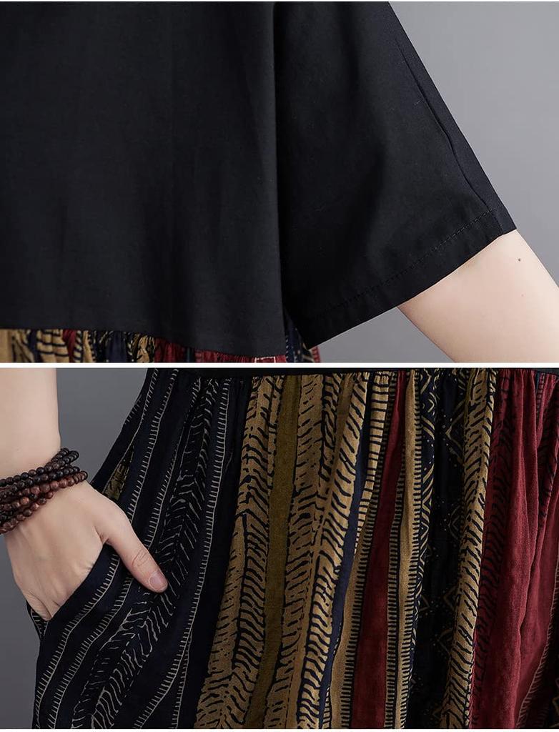 Minesam Summer Floral Print Short Sleeves Free Women's Dress, Two-Tone Design, Oversized, (01 Coffee, Size)