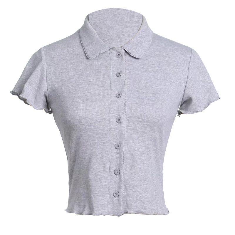 

Sneaky Design Short T-Shirt Women s Lace Lapel Button Short Sleeve Chic Minimalist Easiest for Match Tight Crop Top Cardigan Top Grey M