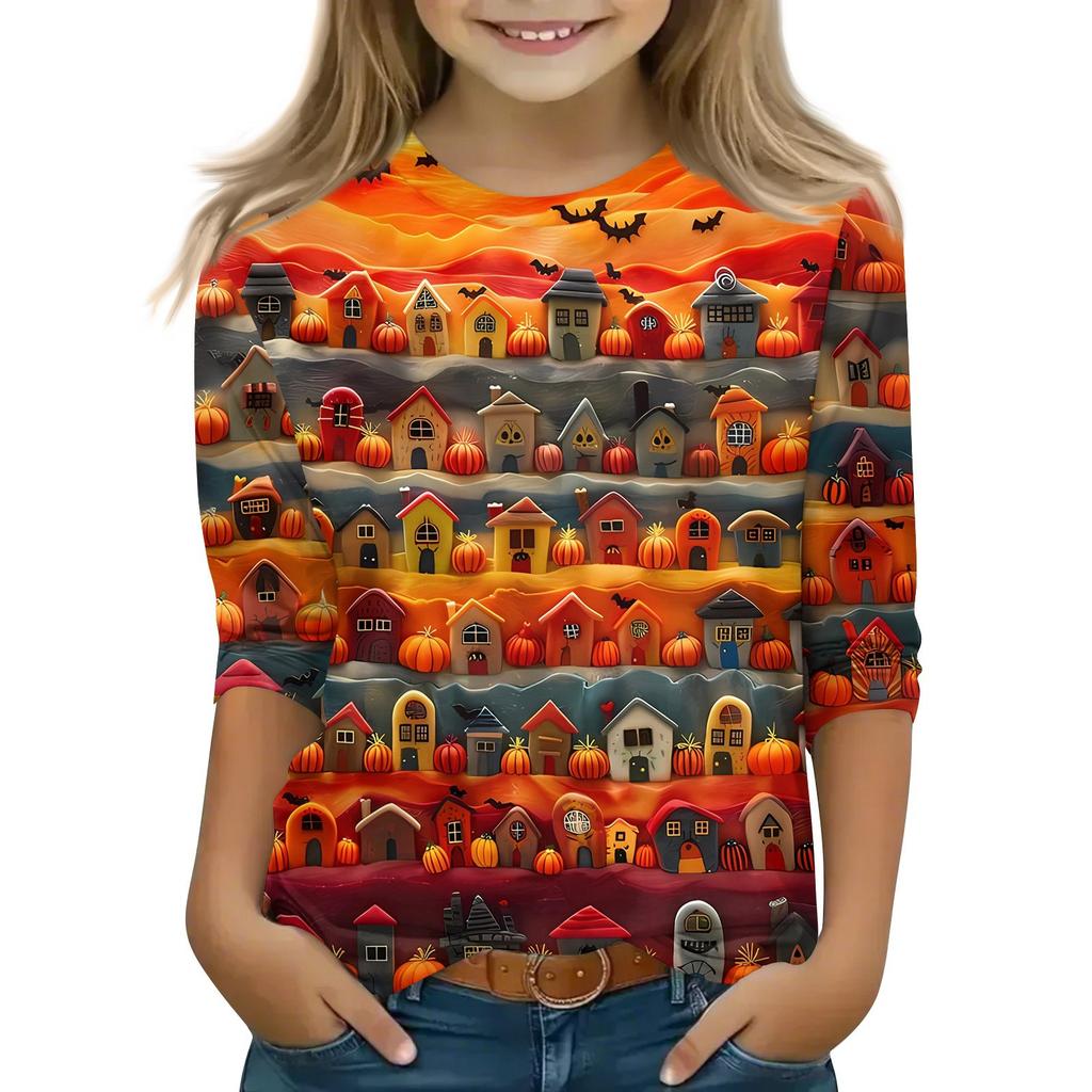 Children's 3/4 Sleeve Tops Casual Halloween Print T Shirt Round Neck Pullover Blouse
