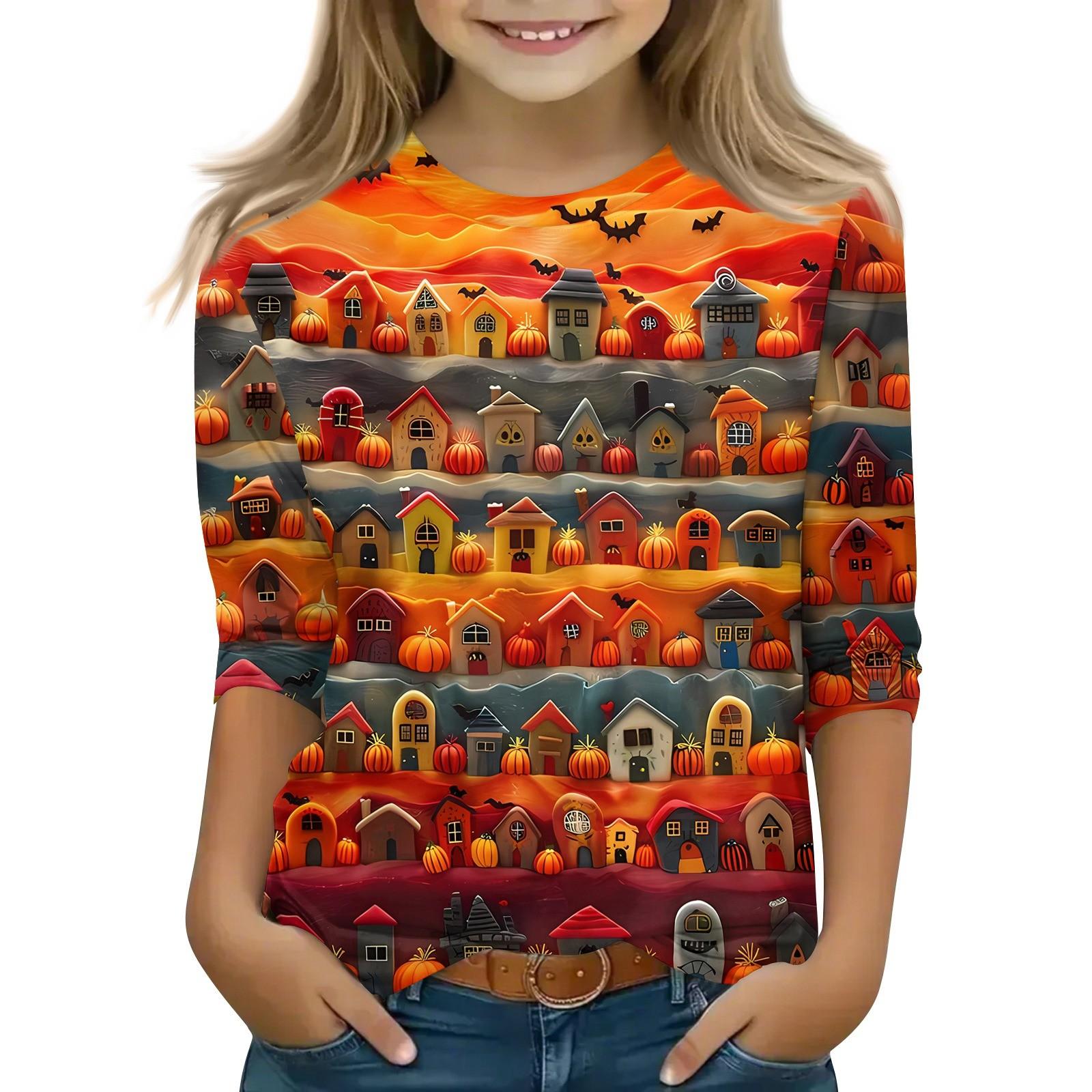 

Детские топы с рукавом 3/4, повседневная футболка с принтом на Хэллоуин, пуловер-блузка с круглым вырезом 160 красный