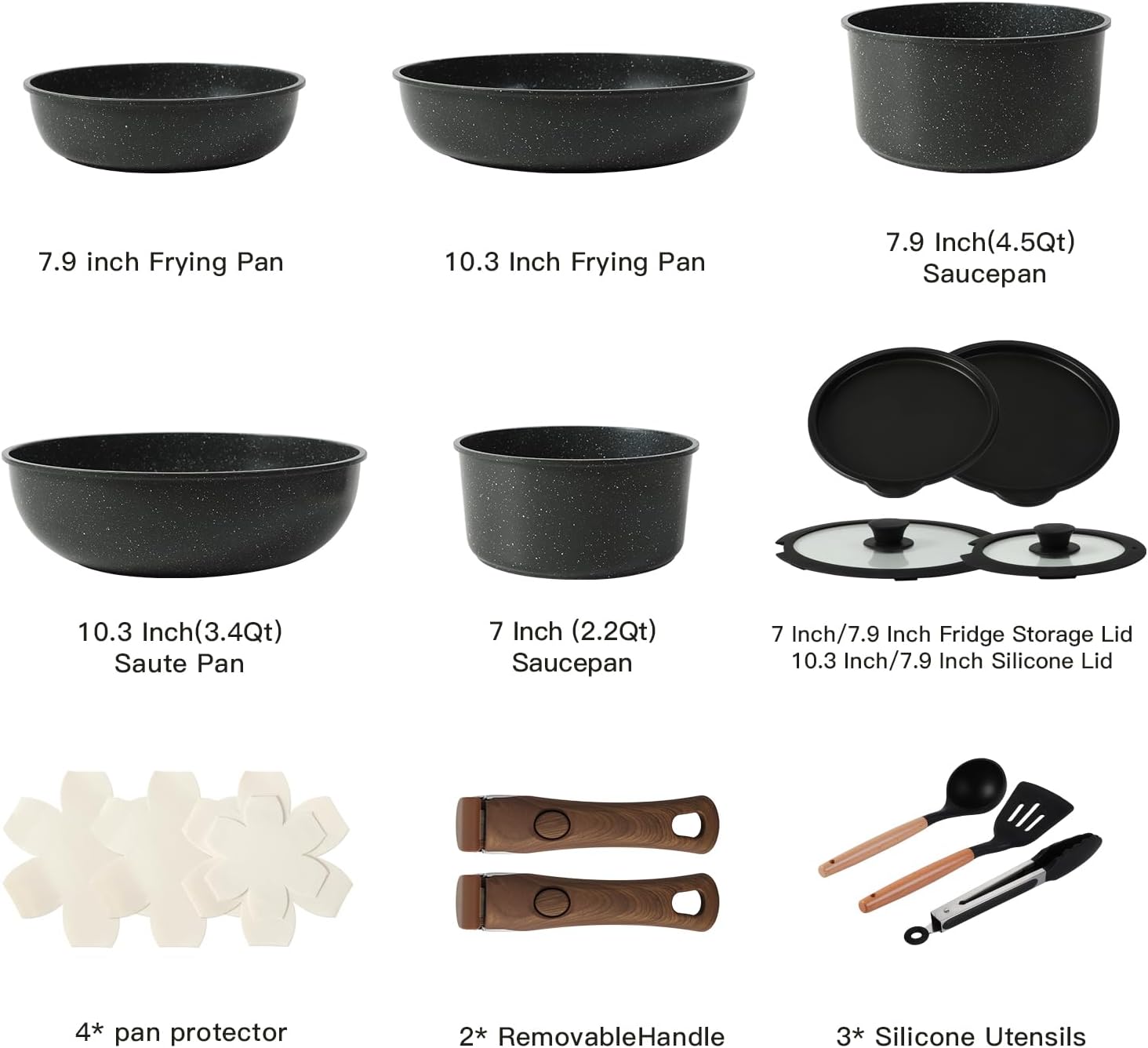 

Ceramic Cookware Sets Detachable Handle Pots and Pans Set Non Stick (Black) United States
