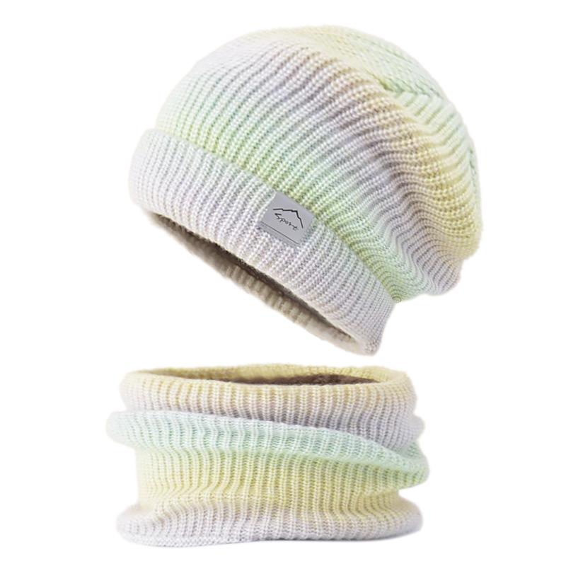 Hat autumn and winter Korean version gradual change color wool hat thickened warm ear protection cold knitted hat two-piece set