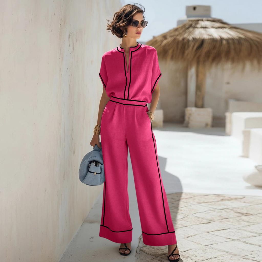 Modisches Lässiges V-Ausschnitt Kurzarm Pullover Oberteil und High-Waist Weitbeinige Hosen Set für Damen