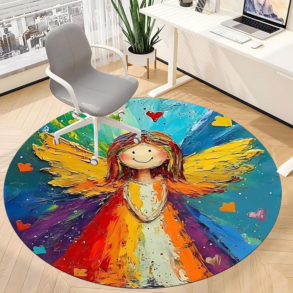1pc Angel Wings Office Round Area Rug, Indoor Mat Suitable ForOffice, Under Office Chairs Bedroom Living Room Home Decor, Room Deco D082