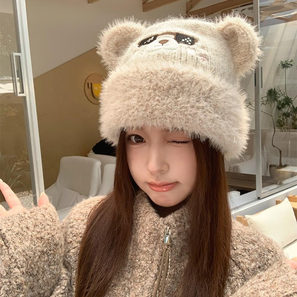 Large Head Circumference Bear Ear Hat Face Slimming Design Winter Beanie Hat Daily Casual