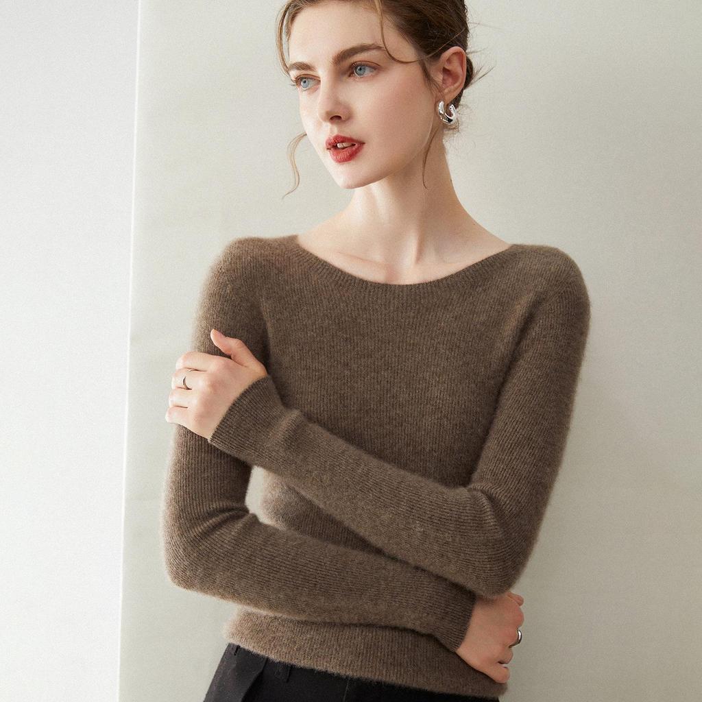 Women's 100% Pure Cashmere Sweater: Soft, Warm, Slim-fit, Round Neck, Ribbed, Long Sleeve, and Versatile Base Layer.