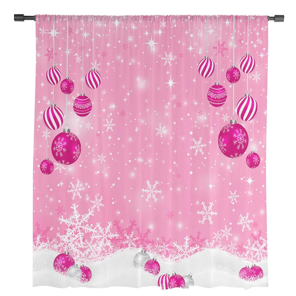 Winter Pink Christmas Ball Snowflake Sheer Curtains for Living Room Decoration Window Curtains Kitchen Tulle Voile Curtains