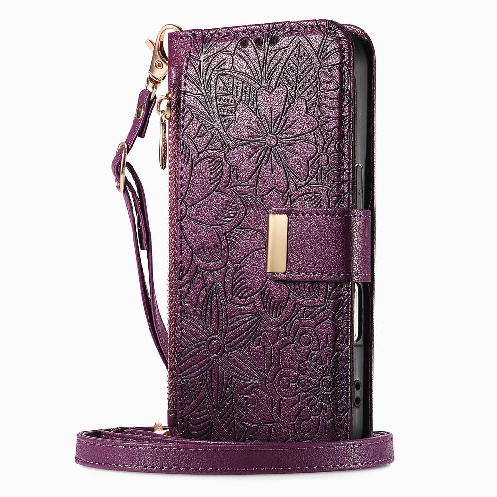 Florales Leder-Wallet-Case für iPhone 12-17 Serie. mit abnehmbarem Schultergurt