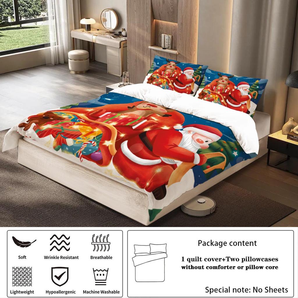 3pcs Santa Claus Reindeer Red Printed Coreless Bedding Set, Soft and Comfortable, Multi Size Dormitory Bedroom, Machine Washable