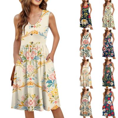 Women's Casual Fashion Sexy V-neck Button Decoration Sleeveless Beach Printed Boutonniere Dress
