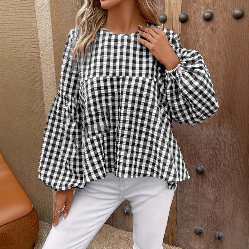 Loose Fit Plaid Lantern Sleeve Round Neck Blouse For Women