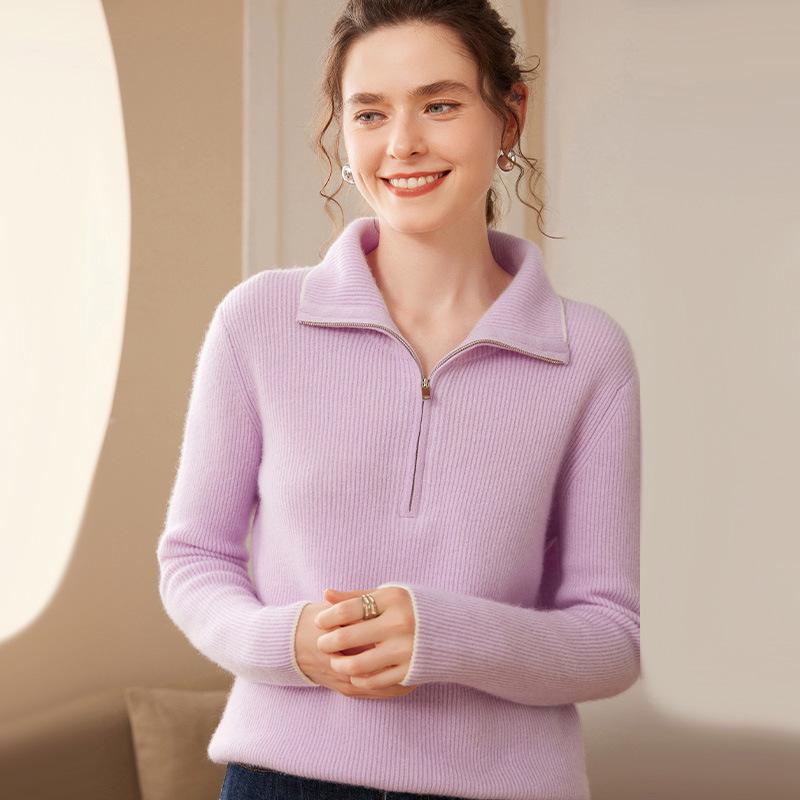 Thick Half-Zip Color-Block Cashmere Loose Knit Korean Pullover