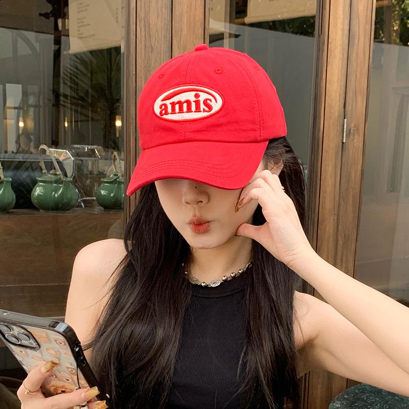 Peaked Hat Red Baseball Cap Amis Letter Pattern Soft Top Adjustable Breathable