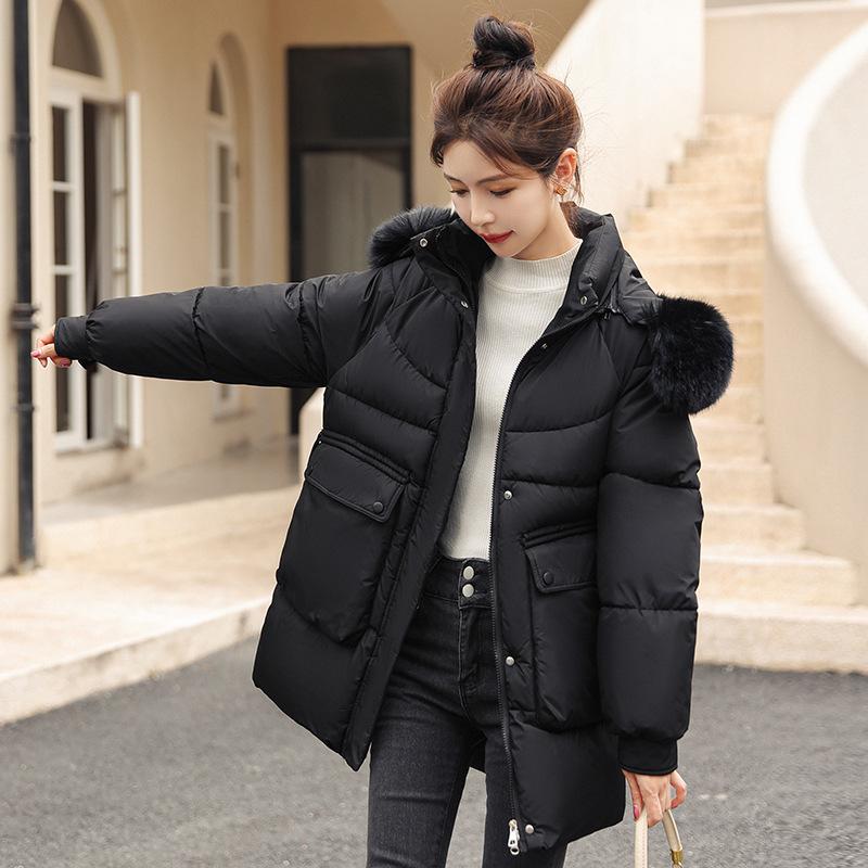 Winter Damen Mittellange Lockere Baumwollgepolsterte Jacke mit Großem Pelzkragen und Daunenjacke