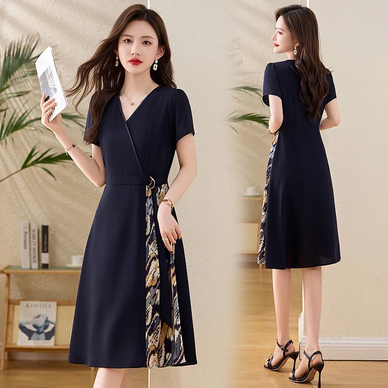 

Women s V-neck Print Color Block Belted Summer Dress - LX271 M темно-синий