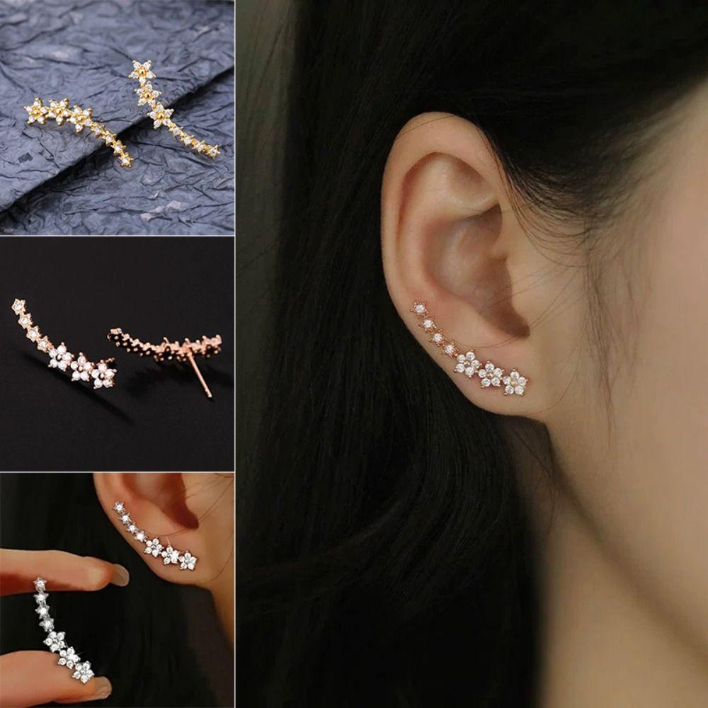 Zinc Alloy Zircon Stud Earrings Shiny Geometric Flower Star Stud Earrings Niche Design Women Accessories Curved Earrings