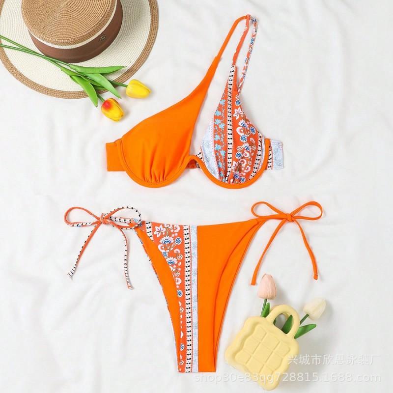 Women s Printed Split Swimsuit Bikini One-shoulder Sexy S